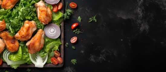 Poster - Top view of a light table showcasing a fresh marinade raw chicken drumsticks and lettuce with ample space for text in the image