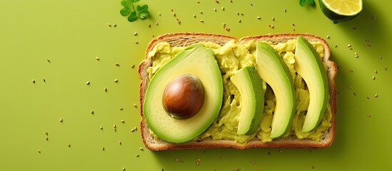 Poster - A healthy concept for a food menu with an avocado sandwich on a toast seen from a top view against a food background There is copy space available