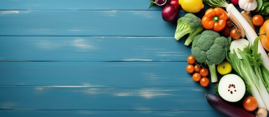 Wall Mural - Vegetarian lunch with colorful steamed veggies and fresh fruits on a vibrant blue wooden surface perfect for a healthy meal Copy space image