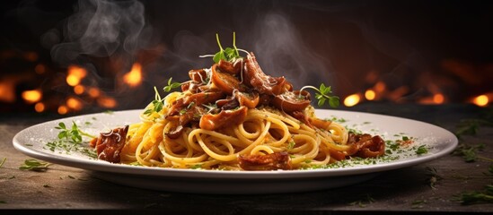 Aufkleber - A delicious dish of spaghetti pasta embellished with chanterelles The plate displays a stunning copy space image that is sure to tantalize the taste buds