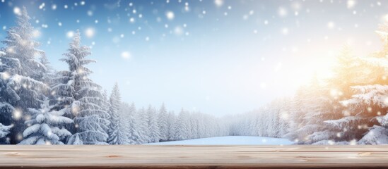 Poster - A wintry Christmas background featuring a snowy landscape with fir branches The wooden table is placed in the foreground with a blue tint and sunlight enhancing the image Plenty of copy space is avai