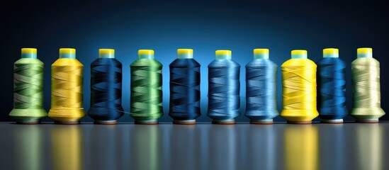 Poster - A row of colorful sewing thread spools in blue yellow and green on denim with space for additional images or text