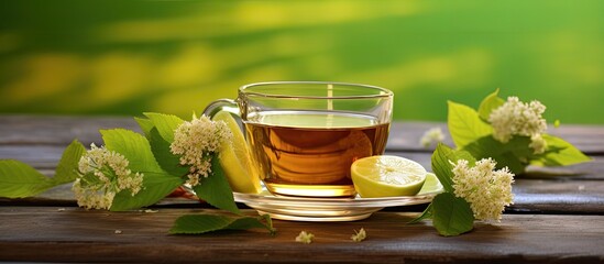 Poster - A refreshing cup of tea made from lime tree leaves and linden flowers perfect for relaxation and unwinding. Creative banner. Copyspace image