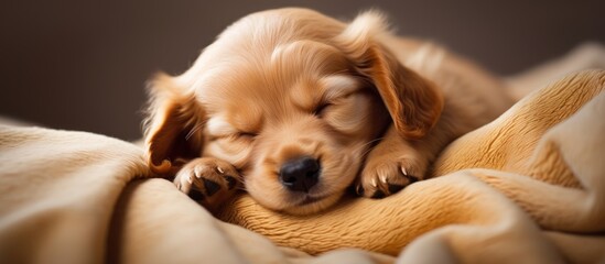 Poster - The image portrays a small adorable puppy peacefully sleeping in the frame surrounded by empty space. Creative banner. Copyspace image
