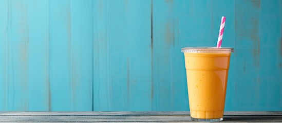 Poster - A delicious smoothie is presented in a plastic cup on a light blue table complemented by a white wooden wall in the background Ample space is available for any accompanying text or message
