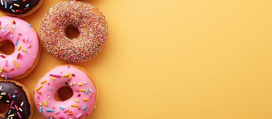 Canvas Print - Close up image of vibrant and colorful donuts with sprinkles on a pink background embodying the essence of National Donut or Doughnut day Ample copy space available