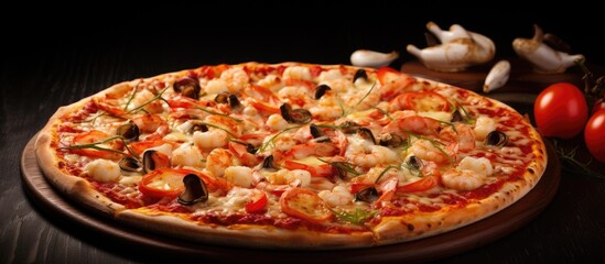 Aufkleber - A delicious combination of pizza and seafood. Creative banner. Copyspace image