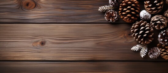 Poster - A festive wooden background adorned with pinecones perfect for a Christmas themed copy space image
