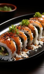 Wall Mural - brazilian japanese food isolated on black background brazilian traditional salmon sushi.