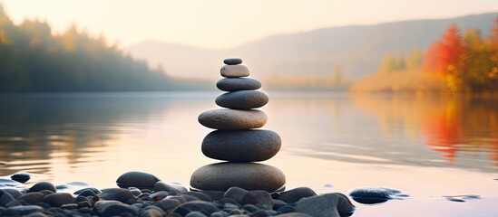 Poster - Pebble tower on the river features a stone structure and a blurred background creating a serene and picturesque scene for a copy space image
