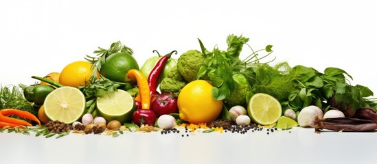 Poster - A collection of organic spices perfect for adding flavor to marinade sauce cooking with fresh herbs and seasoning with limes lemons a variety of peppers olive oil and sea salt Copy space image 186 ch
