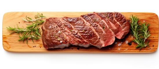 Poster - Close up copy space image of grilled meat isolated on a white background offering a top view perspective