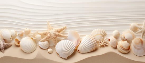 Poster - A sandy background adorned with sea shells providing ample room for a copy space image