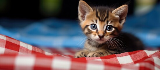 Poster - A cute and adorable kitten is seen relaxing on a checkered blanket in this copy space image