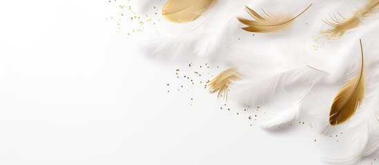 Poster - Top view of white feathers with a radiant gold glitter on a white background creating a visually appealing flat lay image with ample copy space