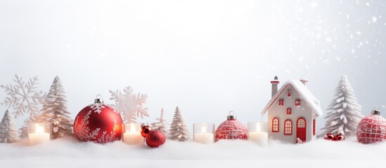 Poster - A festive Christmas still life photo shows a red snowflake themed card a Santa hut the word Xmas candles and a red holiday ball on a light gray background all with ample copy space