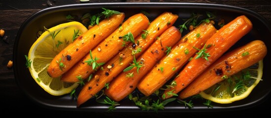 Poster - Copy space image of top view baked organic carrots with thyme honey and lemon showcasing a delectable vegan dish