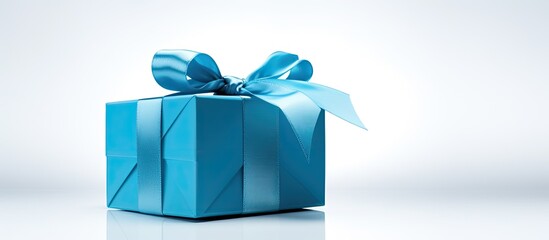 Poster - A blue gift box is seen alone on a white background with empty space around it for adding images or text. Creative banner. Copyspace image