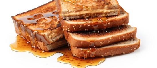 Aufkleber - Isolated on a white background a close up top view stack of moldy slices of organic sprouted honey wheat bread with flaxseed represents the concept of expired and unhealthy food The image includes a