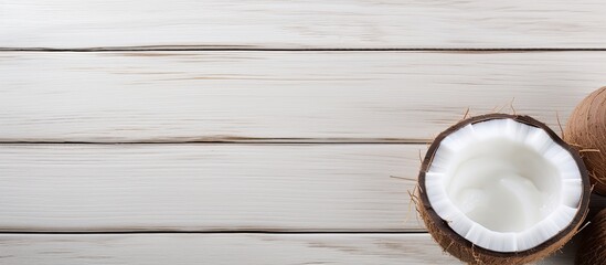 Aufkleber - A white wooden background with an organic cosmetic cream and a coconut providing plenty of copy space for text or images