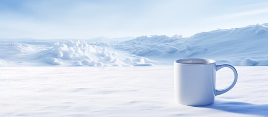 Poster - A white porcelain coffee cup and mug placed on snow outdoors creating a picturesque copy space image