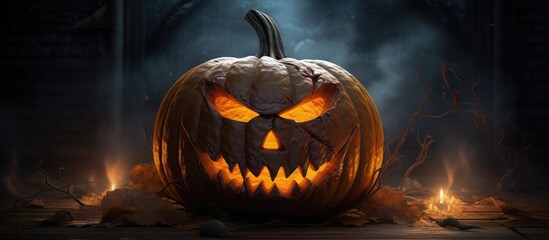 Aufkleber - The Halloween pumpkin with a creepy grin ready to be carved illuminated and placed in a spooky atmosphere creating the perfect seasonal copy space image