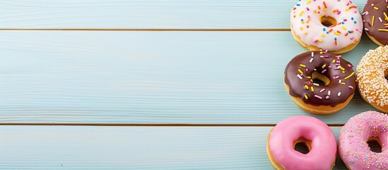 Poster - Sweet donuts with icing on a pastel blue wooden background providing an appealing copy space image