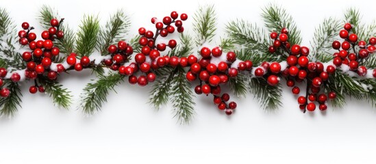 Poster - A festive Christmas fir tree adorned with spruce branches red ornaments and red barberry berries The top view showcases the white background providing ample copy space for a Christmas or New Year bac
