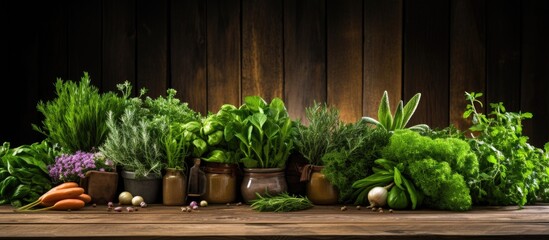 Poster - The copy space image showcases an arrangement of garden fresh herbs on a rustic wooden table