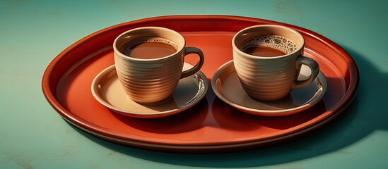 Aufkleber - A vintage tray displays two cups of coffee leaving space for copying. Creative banner. Copyspace image