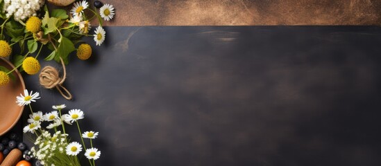 Aufkleber - A dark stone table with a sheet of brown paper for writing green gooseberries and blueberries a bouquet of field daisies and scissors create a background for creativity in this top view copy space im