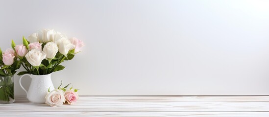 Poster - A white wooden table with a shade is adorned with beauty product samples and roses creating a visually appealing copy space image