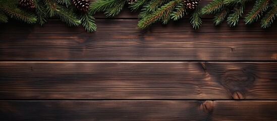 Poster - A top down view of a Christmas wooden background with copy space image featuring fir branches Perfect for creating New Year templates advertising layouts and festive greeting cards