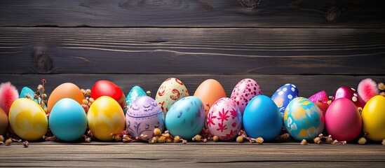 Aufkleber - A vibrant assortment of Easter eggs placed on a rustic wooden surface creating a visually appealing and lively composition for a copy space image