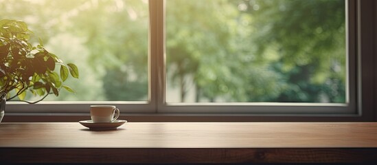 Poster - A background image with a blurred window and a table in the foreground providing space for copy. Creative banner. Copyspace image