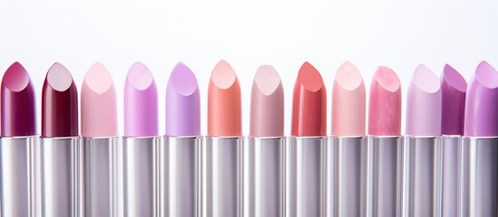 Poster - Copy space image featuring an arrangement of adorable pastel lipsticks on a white backdrop