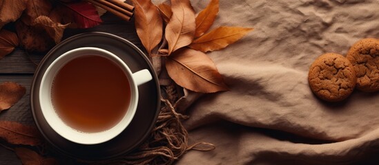 Aufkleber - Top view of a cozy autumn scene featuring a cup of tea a warm scarf and delicious cookies all surrounded by a copy space image