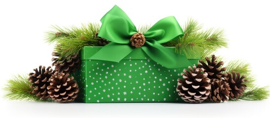 Poster - A festive green gift box with Christmas holiday elements is displayed on a white background adorned with pine cone decorations Ideal for use as a copy space image 147 characters