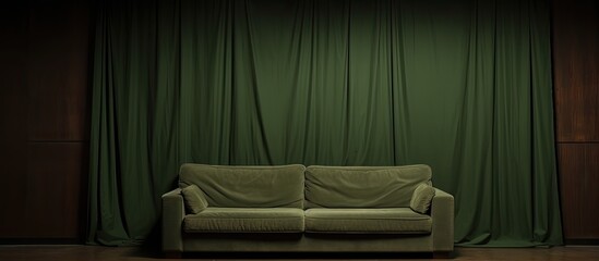 Poster - In a green room there is a gray fabric sofa located beside a wooden curtain In the front there is a table This image has ample copy space