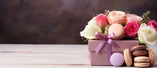 Poster - A beautiful gift box filled with delicious macaroons and accompanied by a bouquet of fresh flowers creating a captivating and delightful copy space image