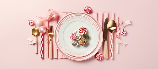 Wall Mural - This top down view showcases an exquisite Christmas table setting design The pastel pink plate cutlery candy cane and decorations create a captivating arrangement The background offers ample copy spa