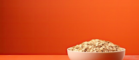 Wall Mural - Copy space image of a bowl filled with uncooked oatmeal flakes placed on a vibrant orange background