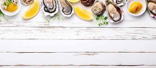 Aufkleber - A seafood dish featuring fresh oysters accompanied by lemon beautifully presented in a top view composition on a white wooden background with ample copy space available
