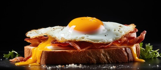 Poster - A mouthwatering homemade sandwich filled with a perfectly cooked sunny side up egg crispy bacon and served on toasted bread ready to be devoured copy space image