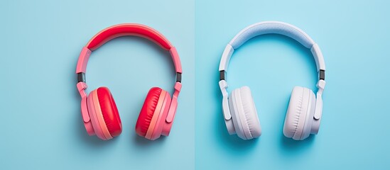 Poster - Top view of headphones on a pink background creating a flat lay concept with copy space image