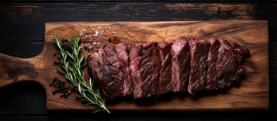 Aufkleber - A view from the top of a dark wooden background shows meat jerky on a butchery meat cleaver with enough empty space for text or images. Creative banner. Copyspace image