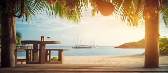 A wooden welcome sign is hanging at the entrance of a beach restaurant creating a warm and inviting ambiance for guests A copy space image could be added to the sign for additional customization or d