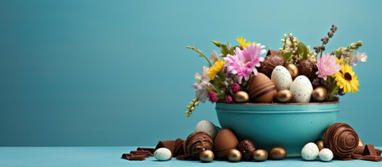Leinwandbilder - Copy space image of an Easter themed arrangement featuring chocolate eggs against a blue backdrop providing room for adding text