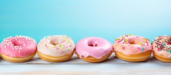 Poster - Sweet donuts with icing on a pastel blue wooden background providing an appealing copy space image