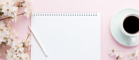 Fototapete - Top view of a beautifully arranged workspace desk with a coffee cup and a notebook This feminine and creative flat lay photo includes copy space
